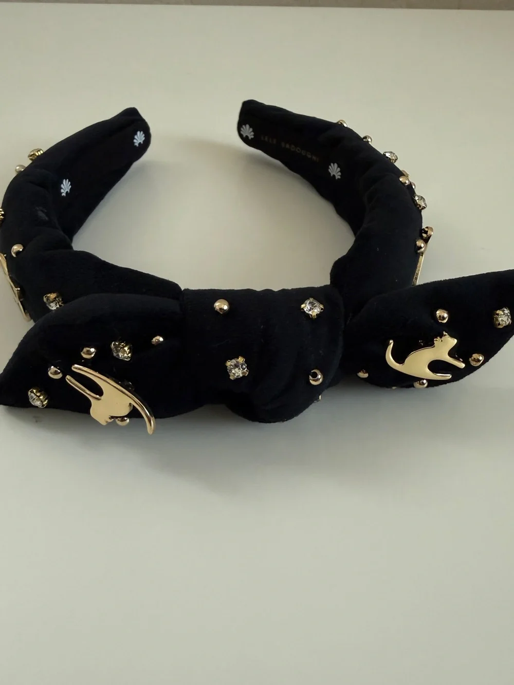 Lele Sadoughi Kids Black Knotted Headband Gold Cat Charms Crystal Studs